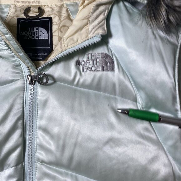 The North Face Womens 550 Down Blue Puffer Vest Hooded Faux Fur Large Zip Vintag - Picture 5 of 14